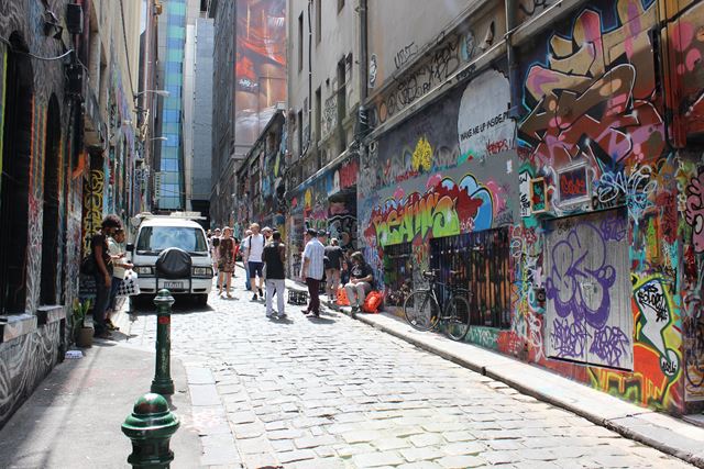 Graffiti in Melbourne Australien Backpacker Rucksack Gasse Graffit in der Gasse in Australien Melbourne
